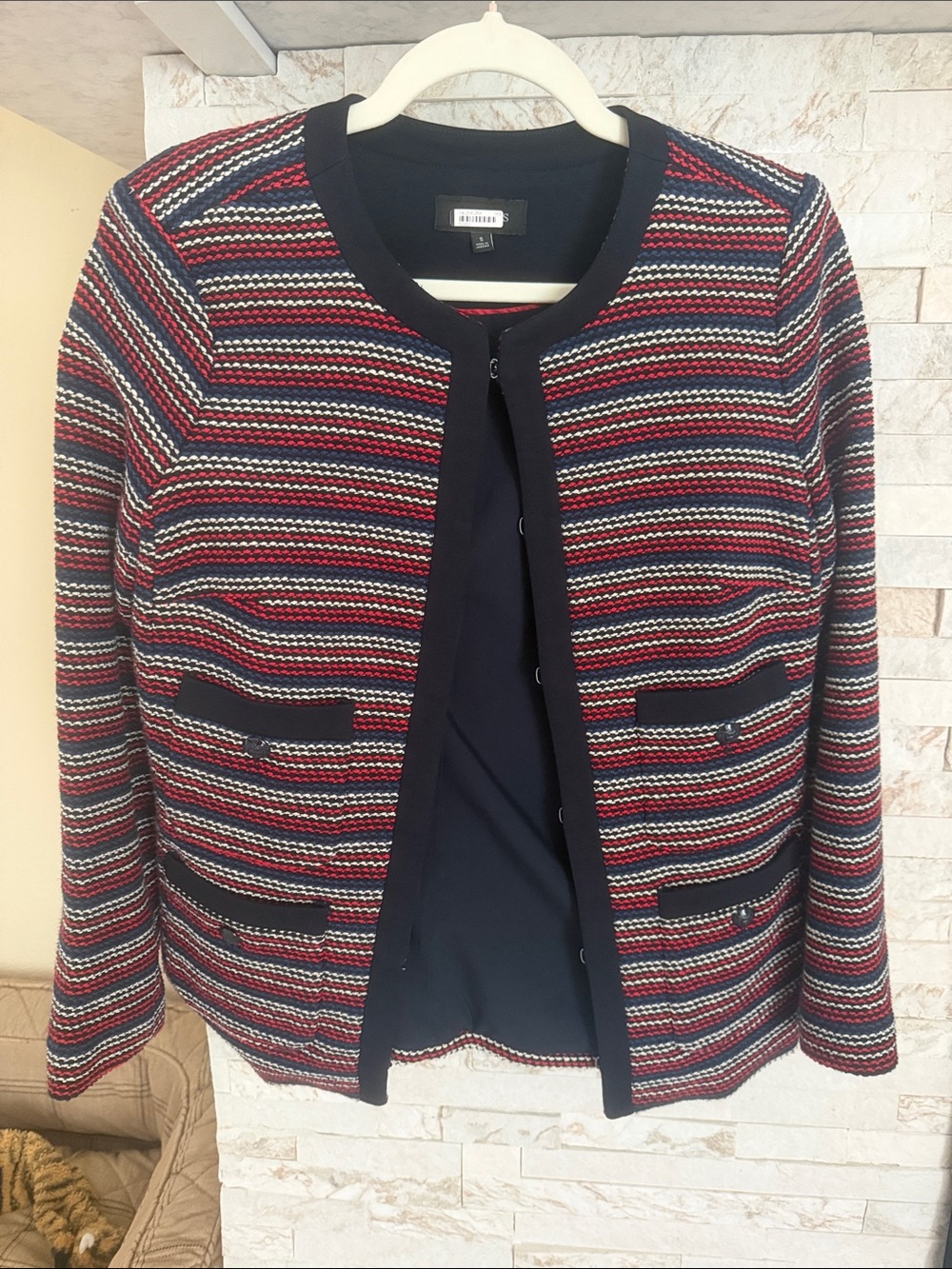 Talbots Striped Knit Collarless Jacket - Navy, Red & White